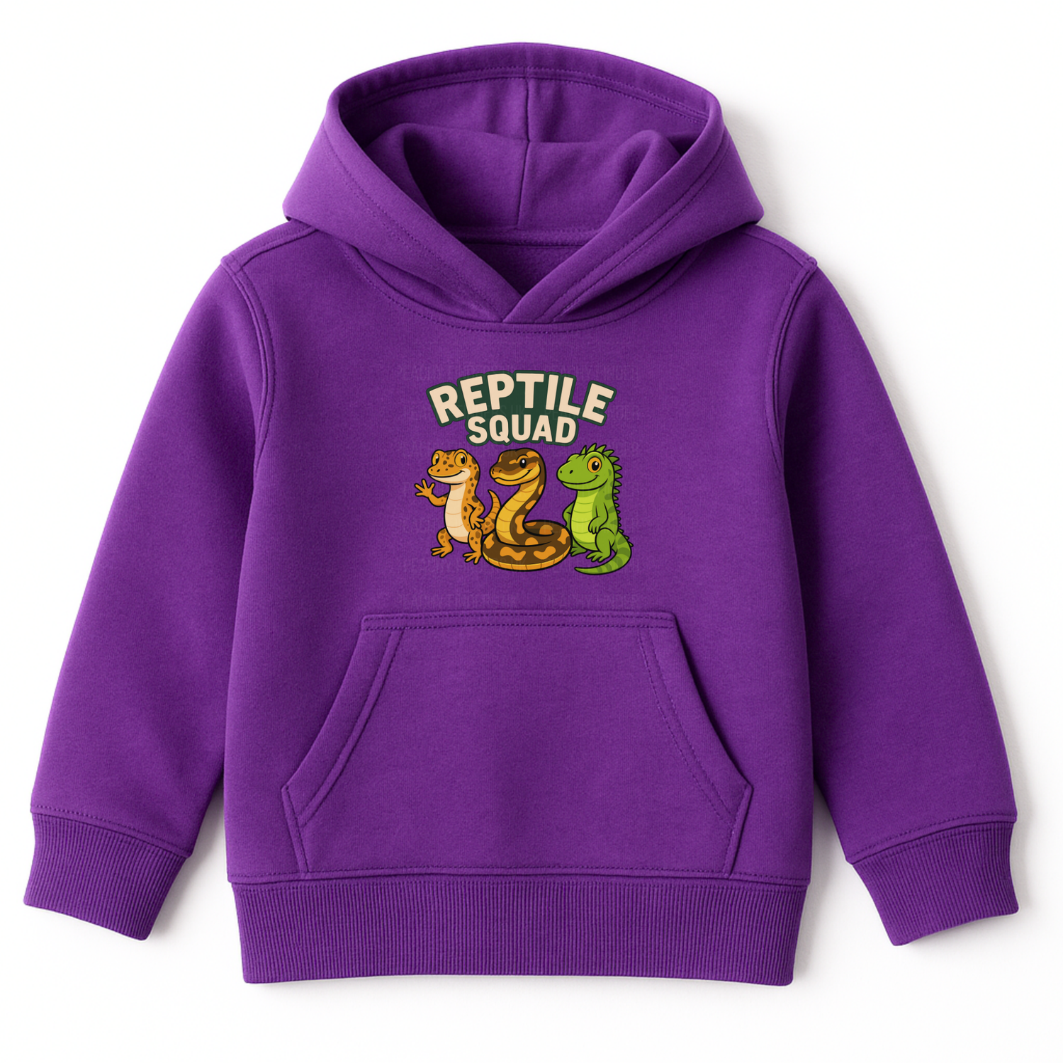 Purple kids pullover hoodie with “Reptile Squad” text and cute cartoon gecko, snake and lizard characters on the front.