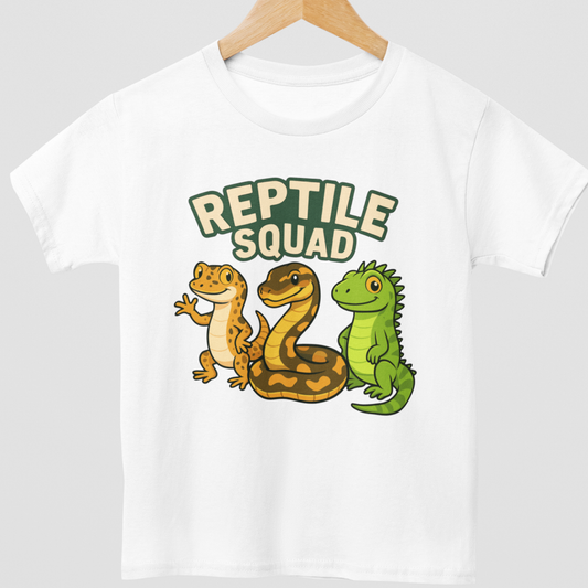 Kids white t-shirt with 'Reptile Squad' graphic featuring a snake, lizard, and tortoise styled on a wooden hanger.
