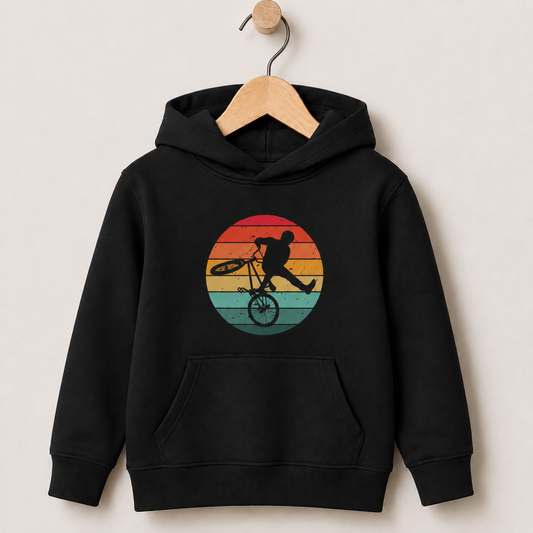 Black kids retro BMX hoodie on wooden hanger with vintage BMX rider graphic print