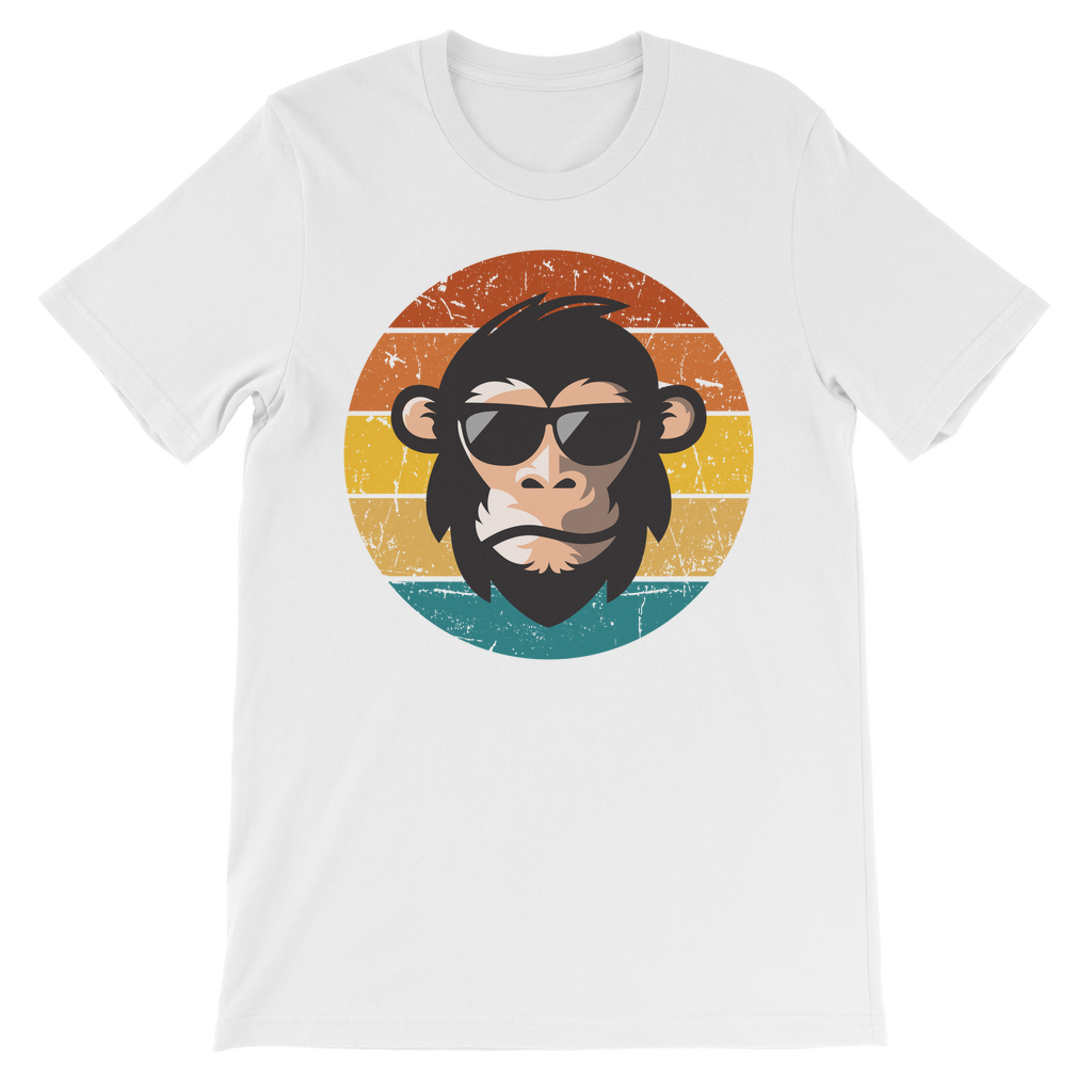 Flat lay kids white cotton t-shirt with retro chimp wearing sunglasses and sunset graphic