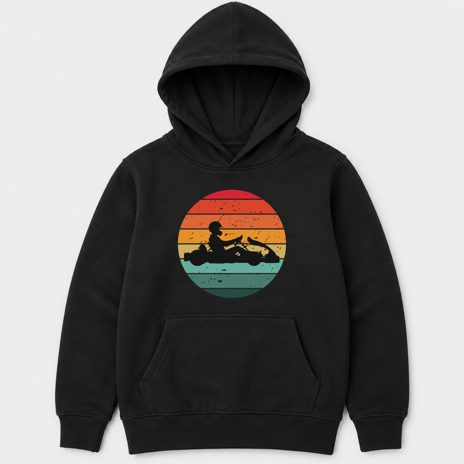 A kids black pullover hoodie with a vintage-style circular sunset graphic on the chest, featuring a silhouette of a person riding a go kart. The graphic contains horizontal stripes in red, orange, yellow, and teal.