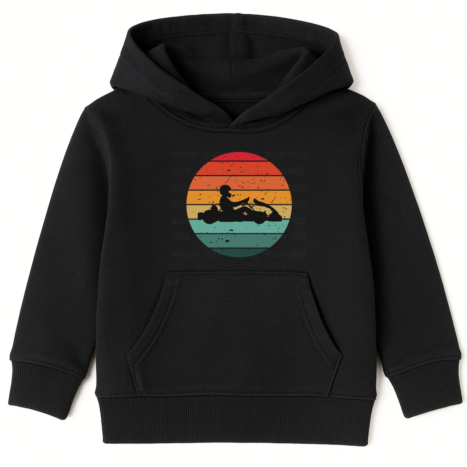 Kids black hoodie featuring a retro sunset go-karting silhouette graphic