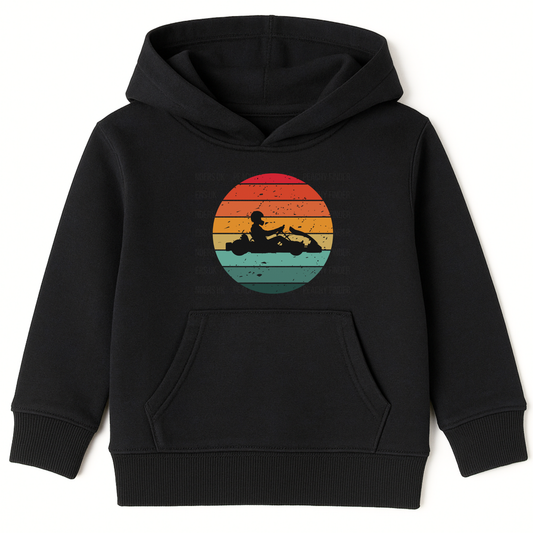 Kids black hoodie featuring a retro sunset go-karting silhouette graphic
