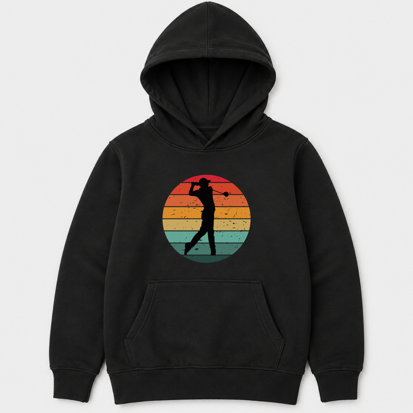 Children's black pullover hoodie with a front kangaroo pocket and a circular golf graphic on the chest. The graphic features a black silhouette of a golfer against a retro sunset gradient of red, orange, yellow, and blue, shown on a light grey background.