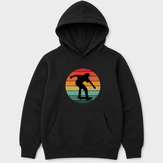Black skateboard hoodie with retro sunset stripes and skater silhouette graphic on the front for boys.