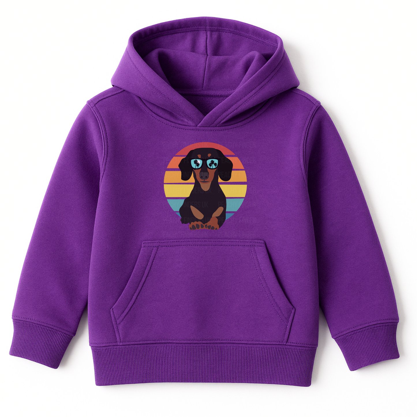 Kids purple hoodie with retro dachshund sunglasses print