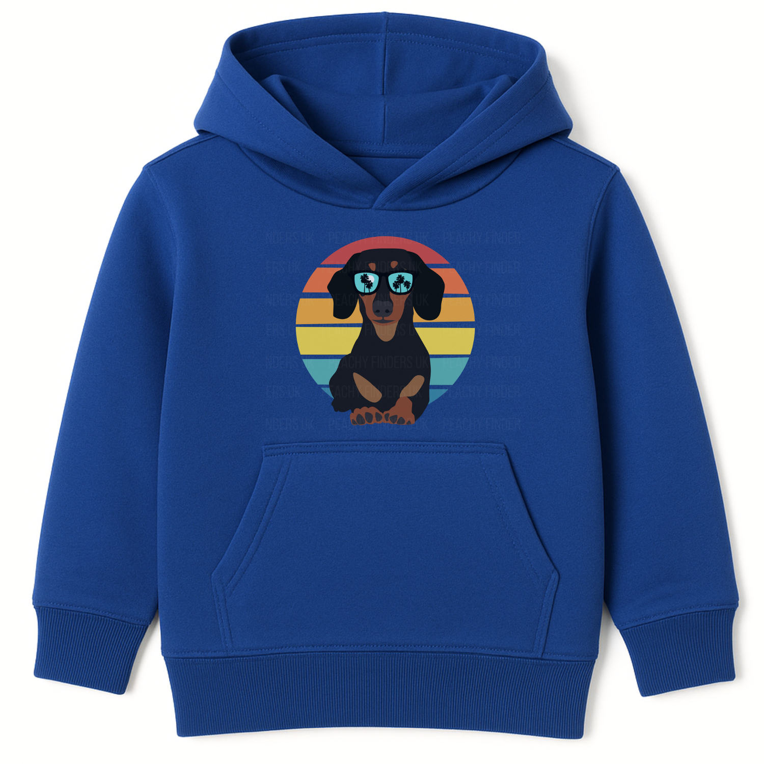 Children's royal blue hoodie with retro dachshund sunglasses print