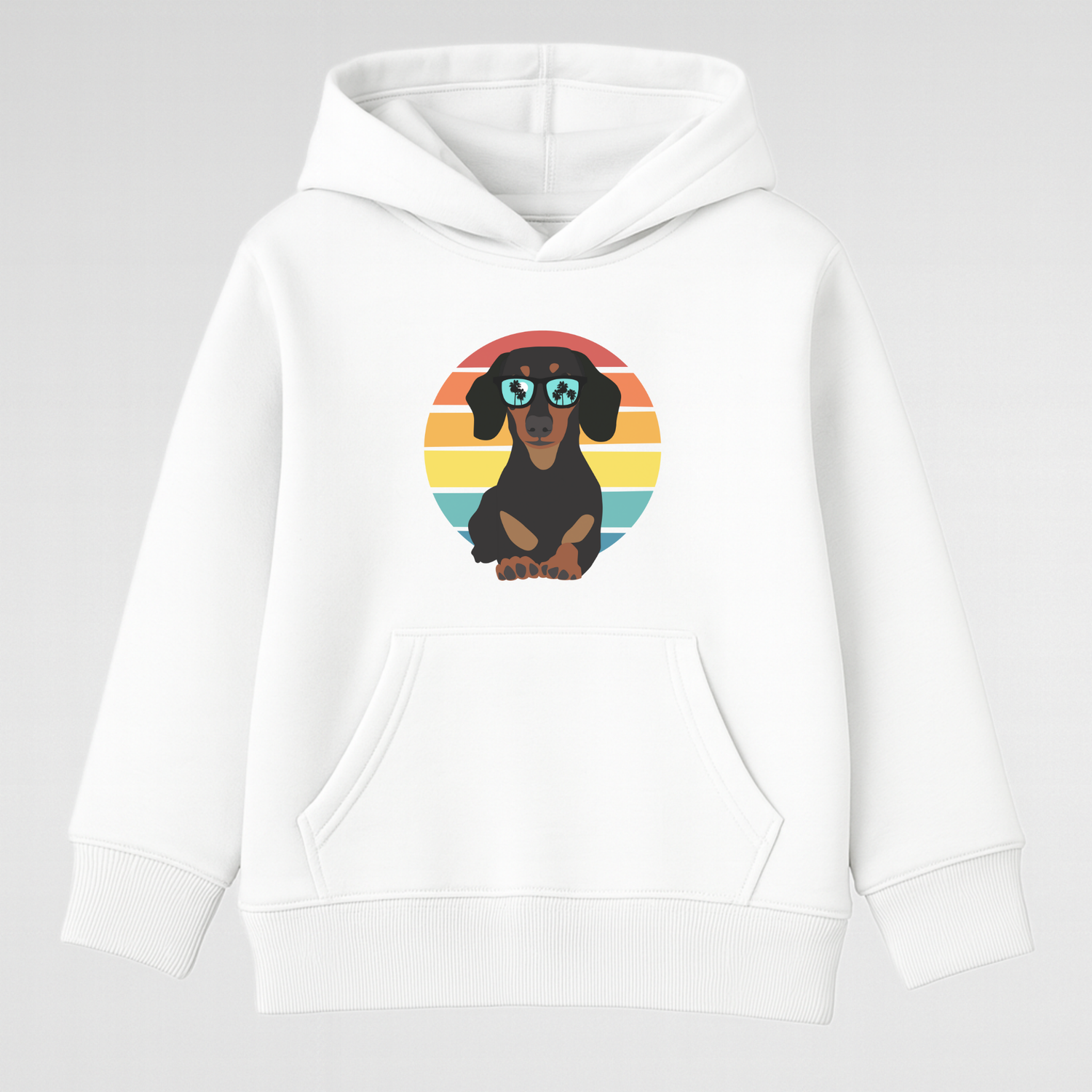 Kids white hoodie with retro dachshund sunglasses print