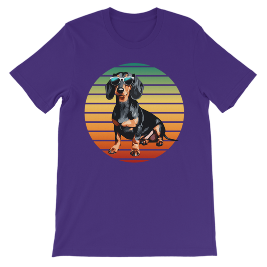 Kids purple t-shirt with cool summer dachshund wearing sunglasses on a retro sunset background