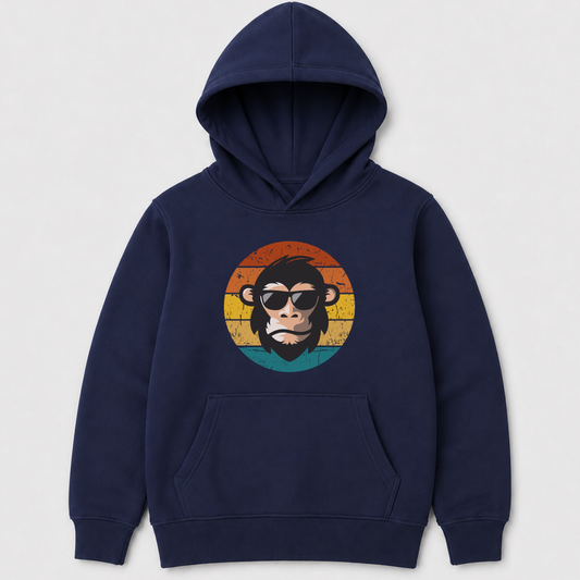 Kids navy blue hoodie with a monkey graphic wearing sunglasses on a light grey background