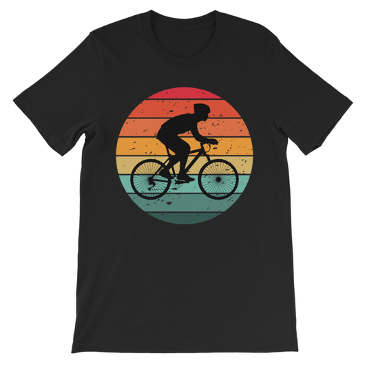 Kids black short sleeve cotton t-shirt featuring a cyclist silhouette with a retro sunset background.