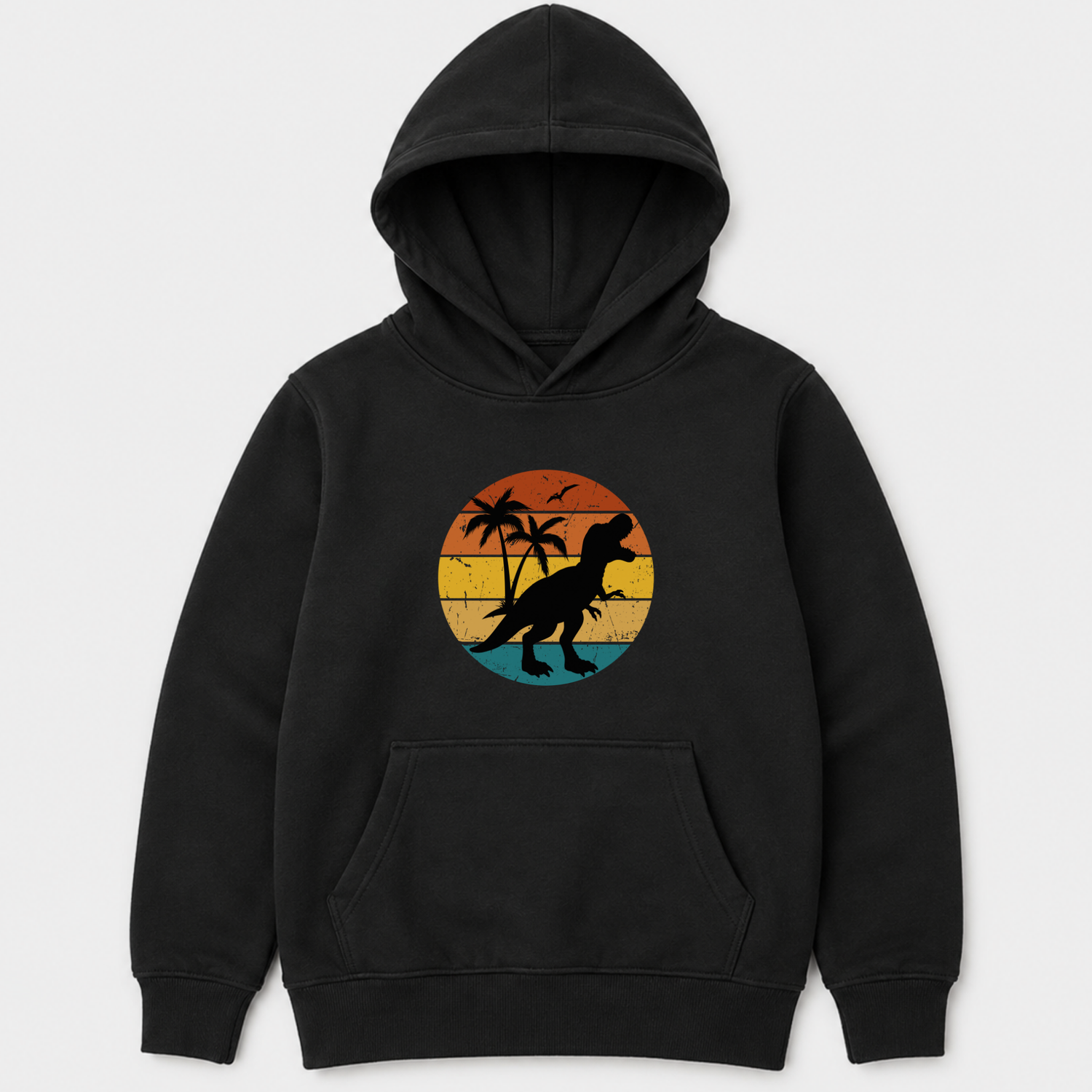 Kids black hoodie with retro sunset T-rex dinosaur silhouette and palm tree graphic on the front
