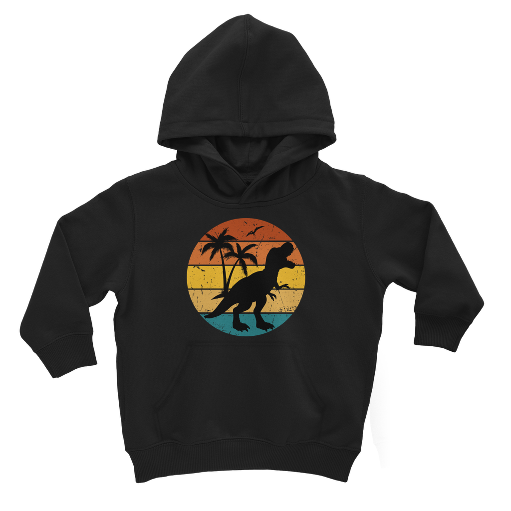 Kids black hoodie with retro sunset T-rex dinosaur silhouette and palm tree graphic on the front