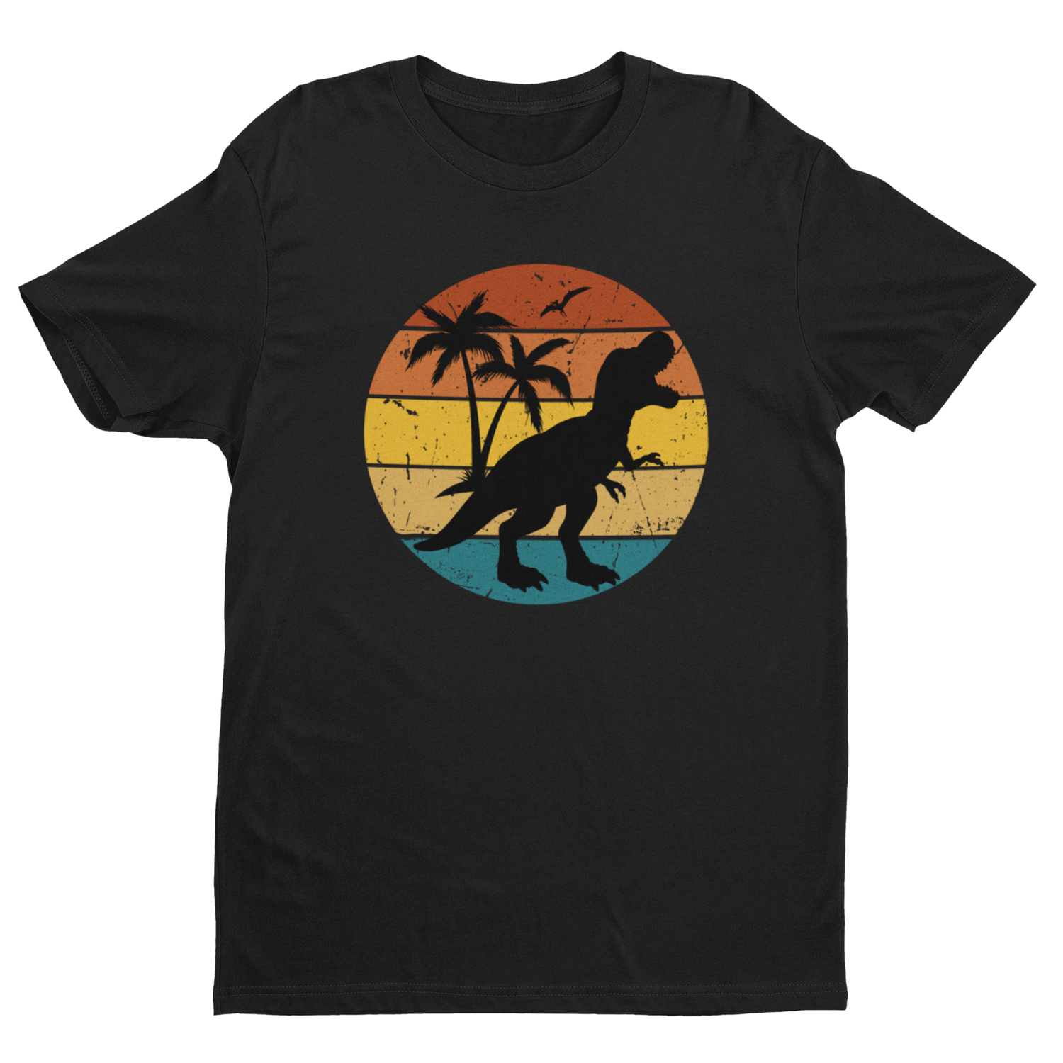 A kids cotton t-shirt with a round neckline in black, featuring a silhouette of a T-rex in front of a retro sunset design with palm trees.