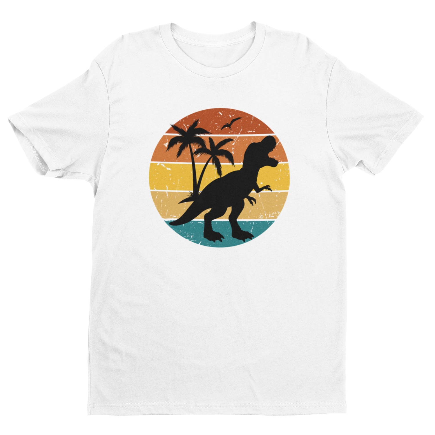 Kids white cotton t-shirt with a cool retro sunset T-Rex dinosaur graphic - summer tee