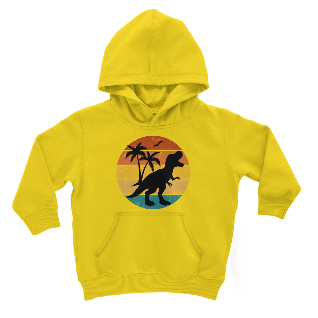 Kids yellow hoodie with retro sunset T-rex silhouette dinosaur and tropical palm trees