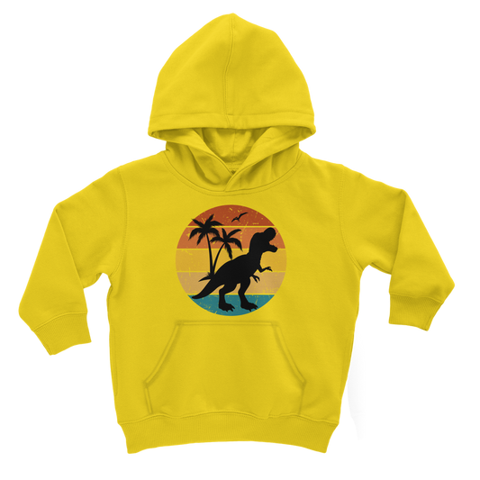 Kids yellow hoodie with retro sunset T-rex silhouette dinosaur and tropical palm trees