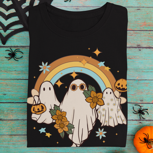 Children's cute black tee with retro-style ghosts, rainbow and flowers graphic printed design