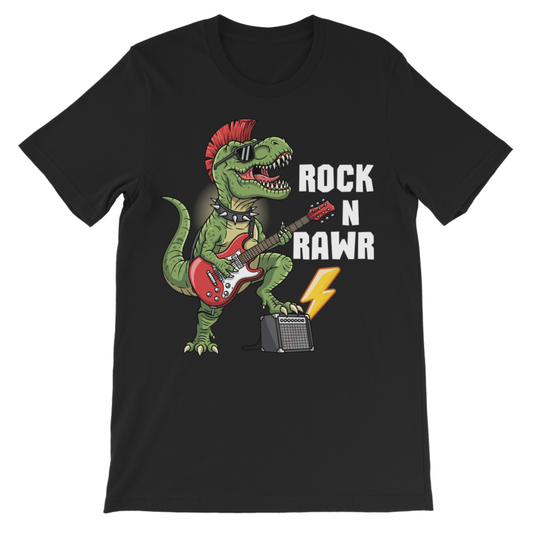 A kids black short-sleeve crewneck t-shirt featuring a graphic of a green dinosaur playing a red electric guitar, with the text 'ROCK N RAWR' and a yellow lightning bolt on a white background.