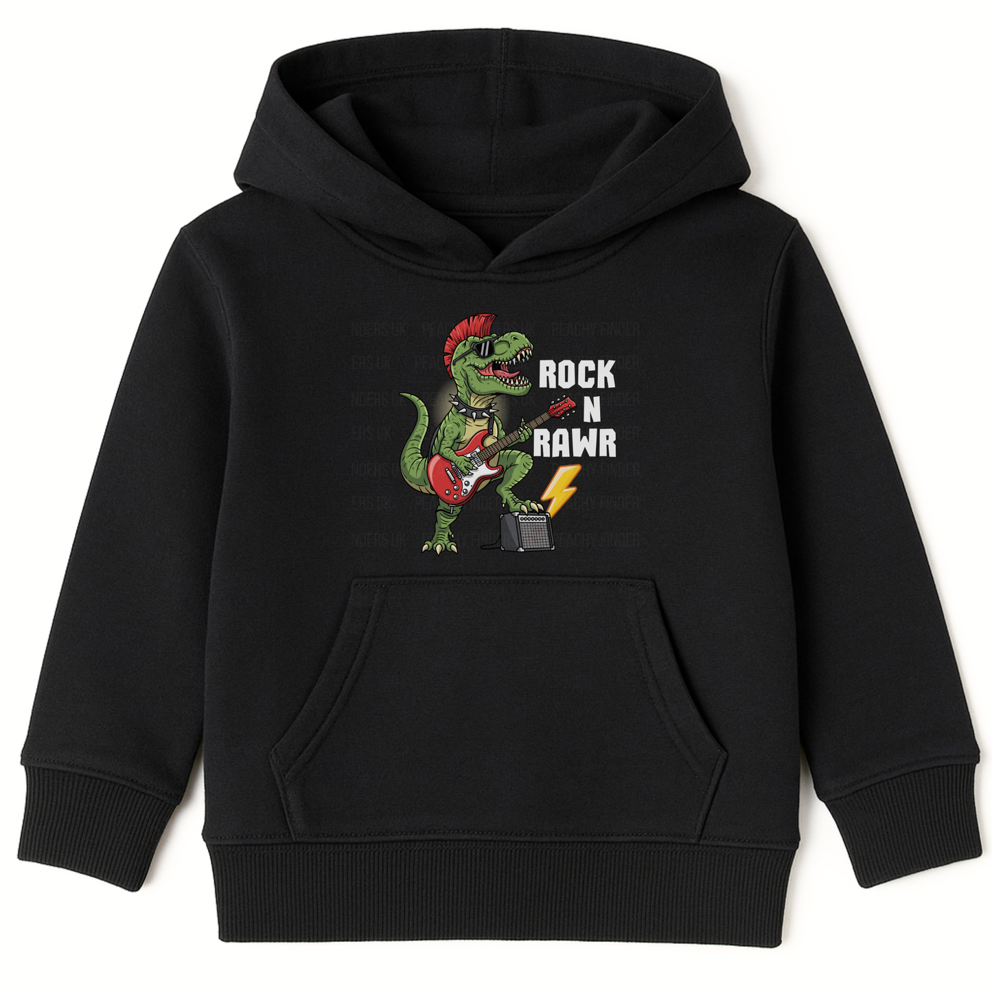 Kids “Rock N Rawr” dinosaur guitar hoodie in black.