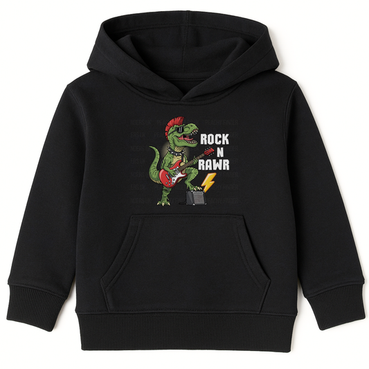 Kids “Rock N Rawr” dinosaur guitar hoodie in black.