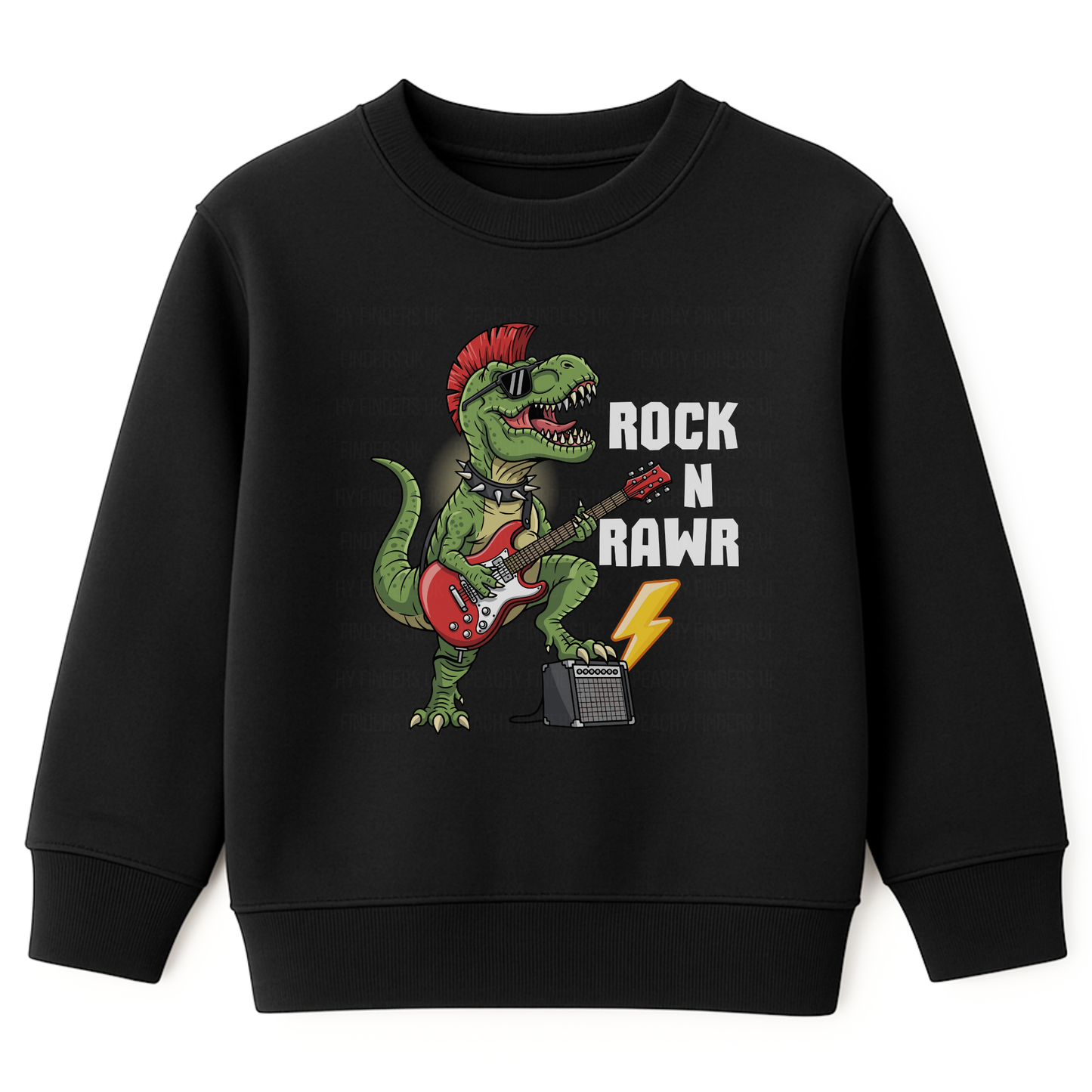 Children's black sweatshirt featuring a fun ‘Rock N Rawr’ dinosaur playing a guitar with amp and lighting bolt.