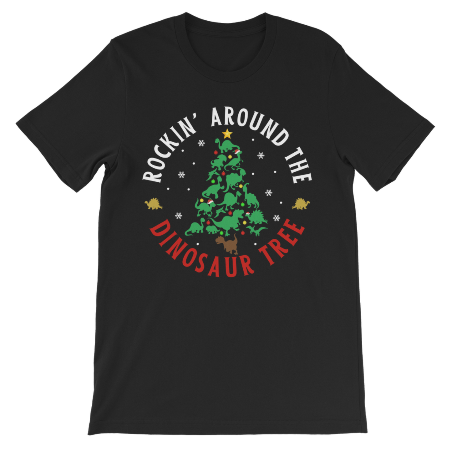 A kids black short-sleeve crewneck t-shirt featuring a circular graphic on the chest with a green dinosaur Christmas tree, white text reading 'ROCKIN' AROUND THE', and red text reading 'DINOSAUR TREE'.