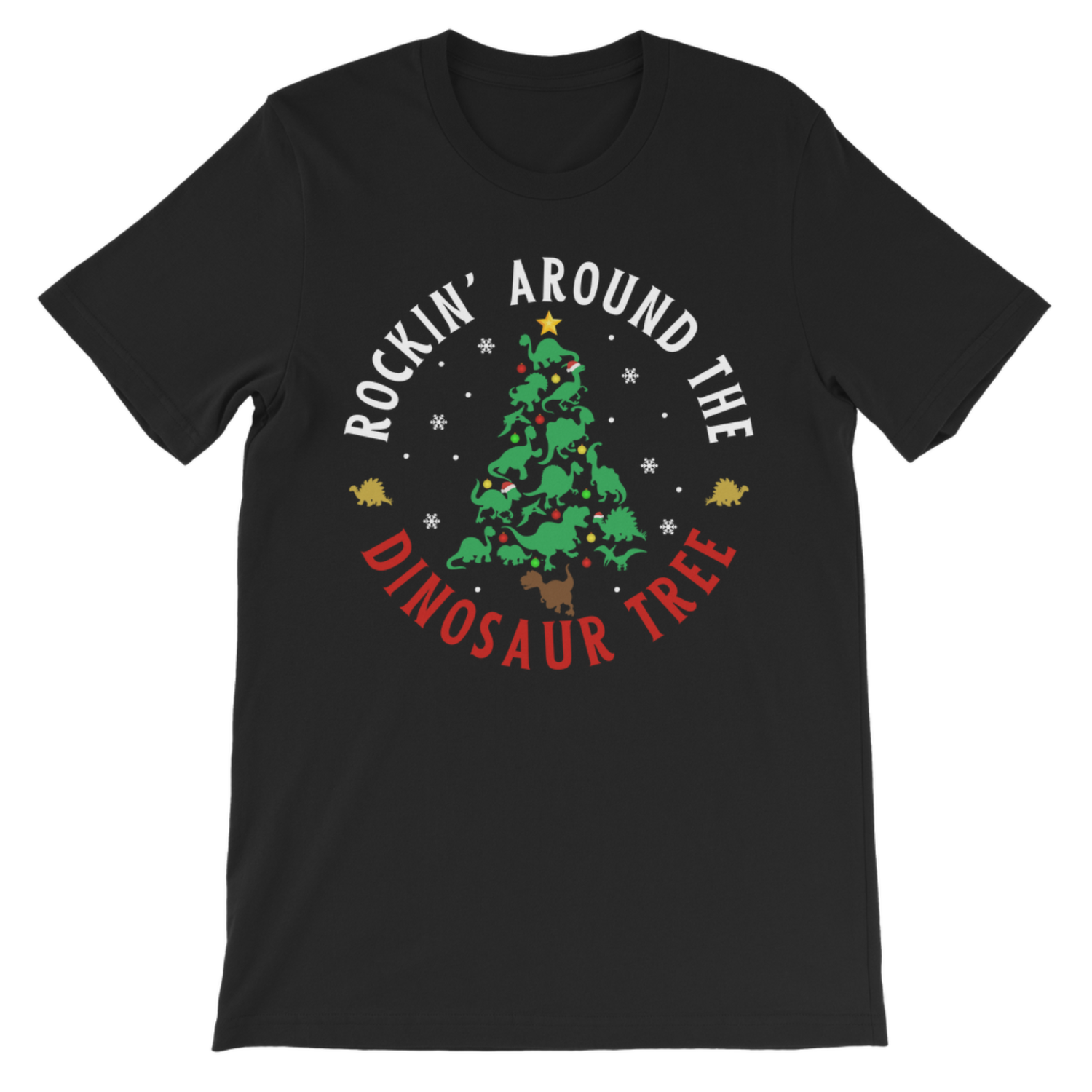 A kids black short-sleeve crewneck t-shirt featuring a circular graphic on the chest with a green dinosaur Christmas tree, white text reading 'ROCKIN' AROUND THE', and red text reading 'DINOSAUR TREE'.