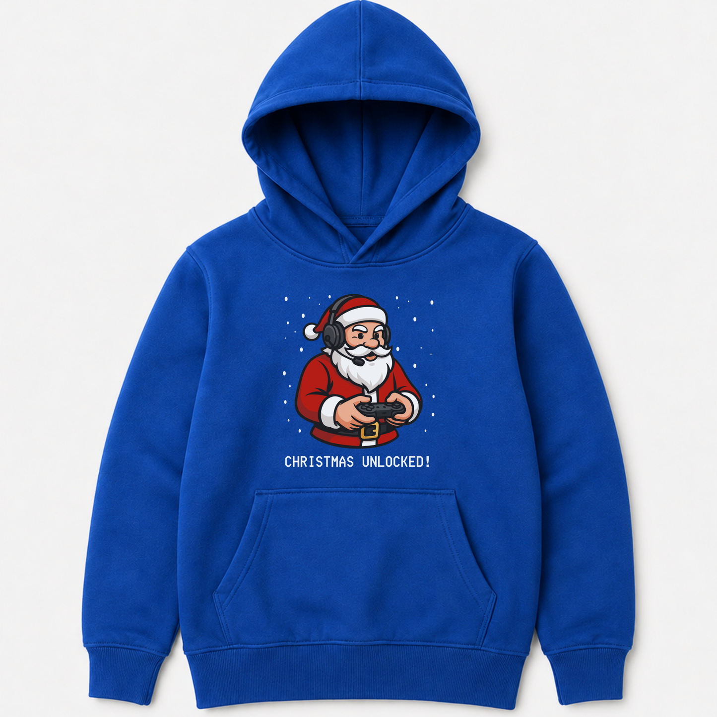 Royal blue Christmas Unlocked hoodie for kids, featuring a playful gamer Santa design