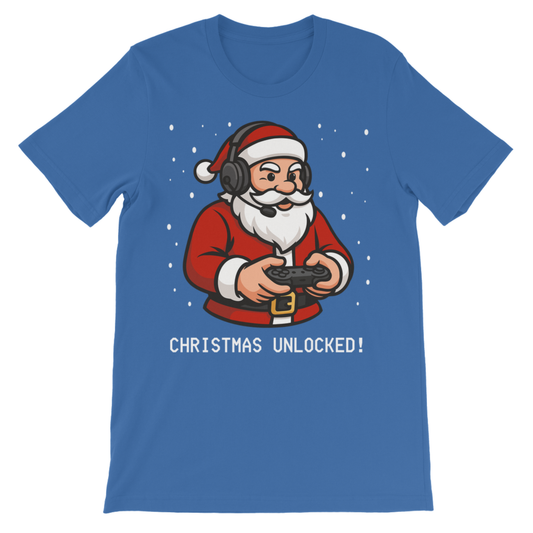 Children's blue short-sleeve crewneck t-shirt featuring a cartoon graphic of Santa Claus wearing a video game headset and holding a controller, with the text 'CHRISTMAS UNLOCKED!' printed below.