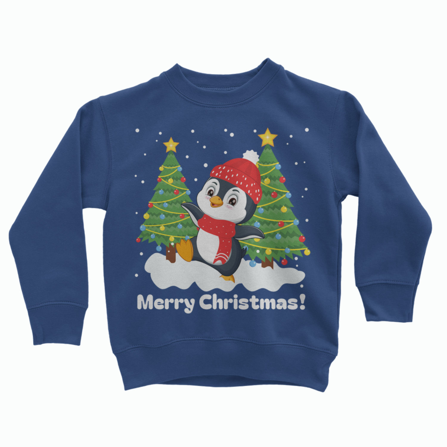 Royal blue children’s Christmas jumper with a dancing penguin, colourful tree decorations and white “Merry Christmas!” text.
