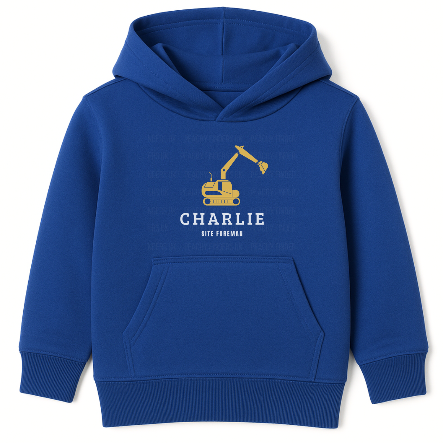 Royal blue kids hoodie featuring a yellow digger graphic with personalised name and “Site Foreman” text printed on the chest.
