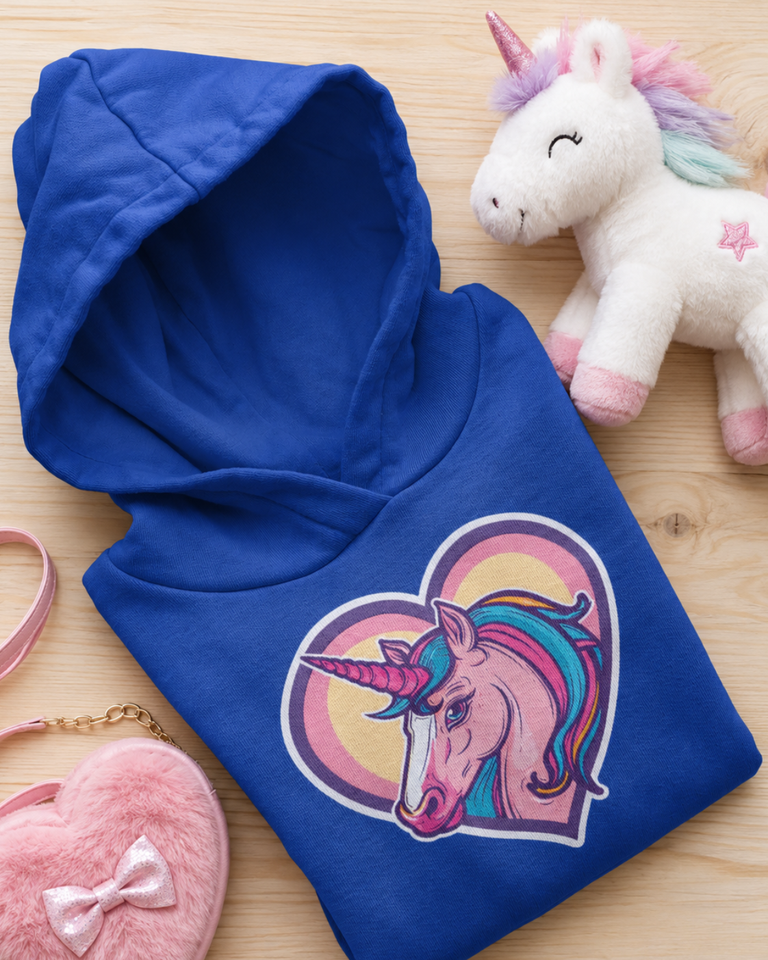 A girls royal blue hoodie laid flat on a light wood surface, featuring a large unicorn graphic inside a pastel rainbow heart on the front. A plush white unicorn toy, a pink heart-shaped purse, and a pink strap are arranged around it as styling props.