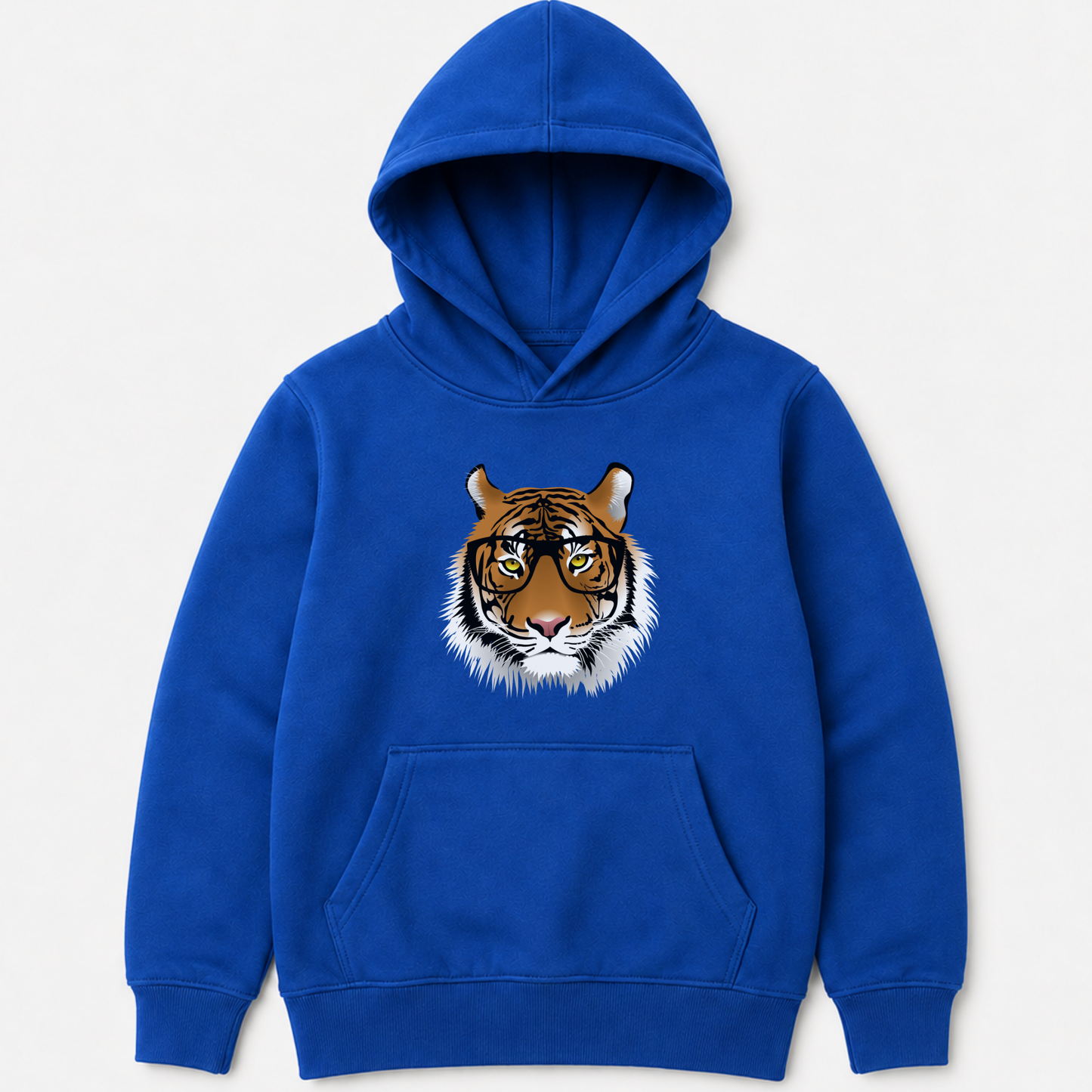 A kids royal blue pullover hoodie featuring a graphic print of a tiger's face wearing round glasses on the chest, displayed against a light grey background.