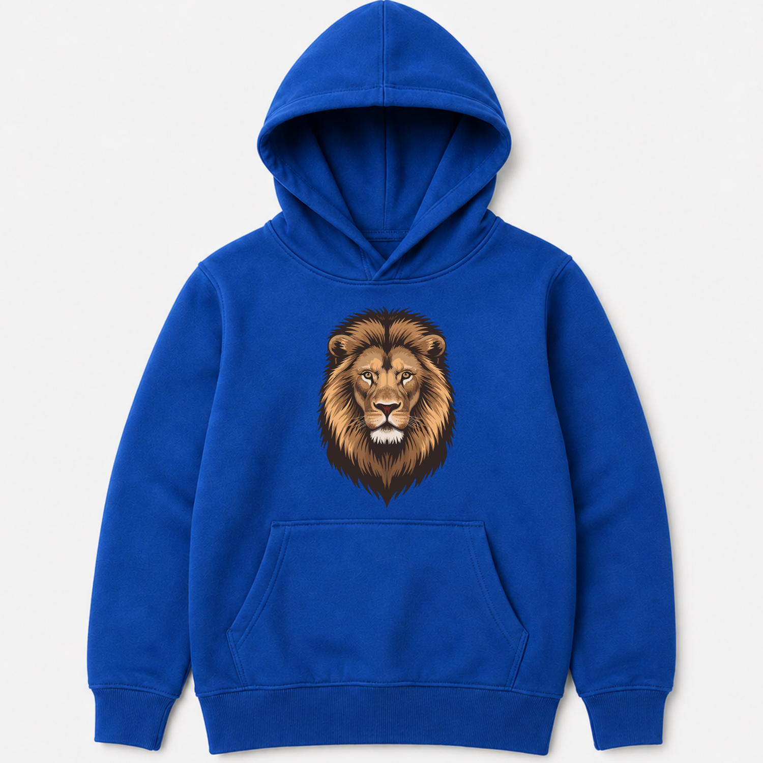 Kids royal blue pullover hoodie with a detailed graphic of a lion's face on the chest, displayed against a light grey background.