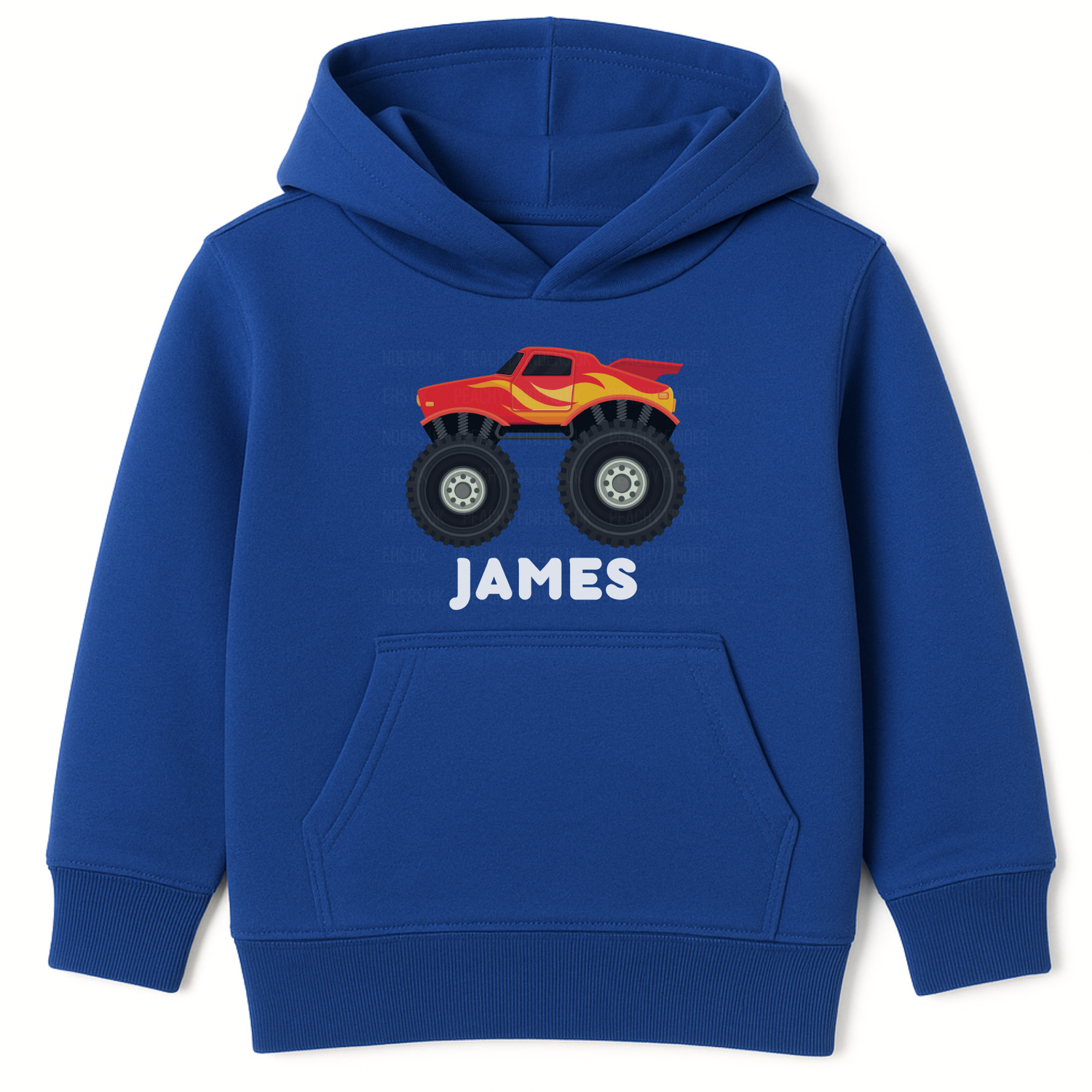 Personalised kids royal blue monster truck hoodie with red truck graphic and custom name James printed on the front.
