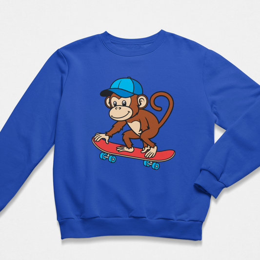 Kids royal blue sweatshirt with a monkey on a skateboard graphic