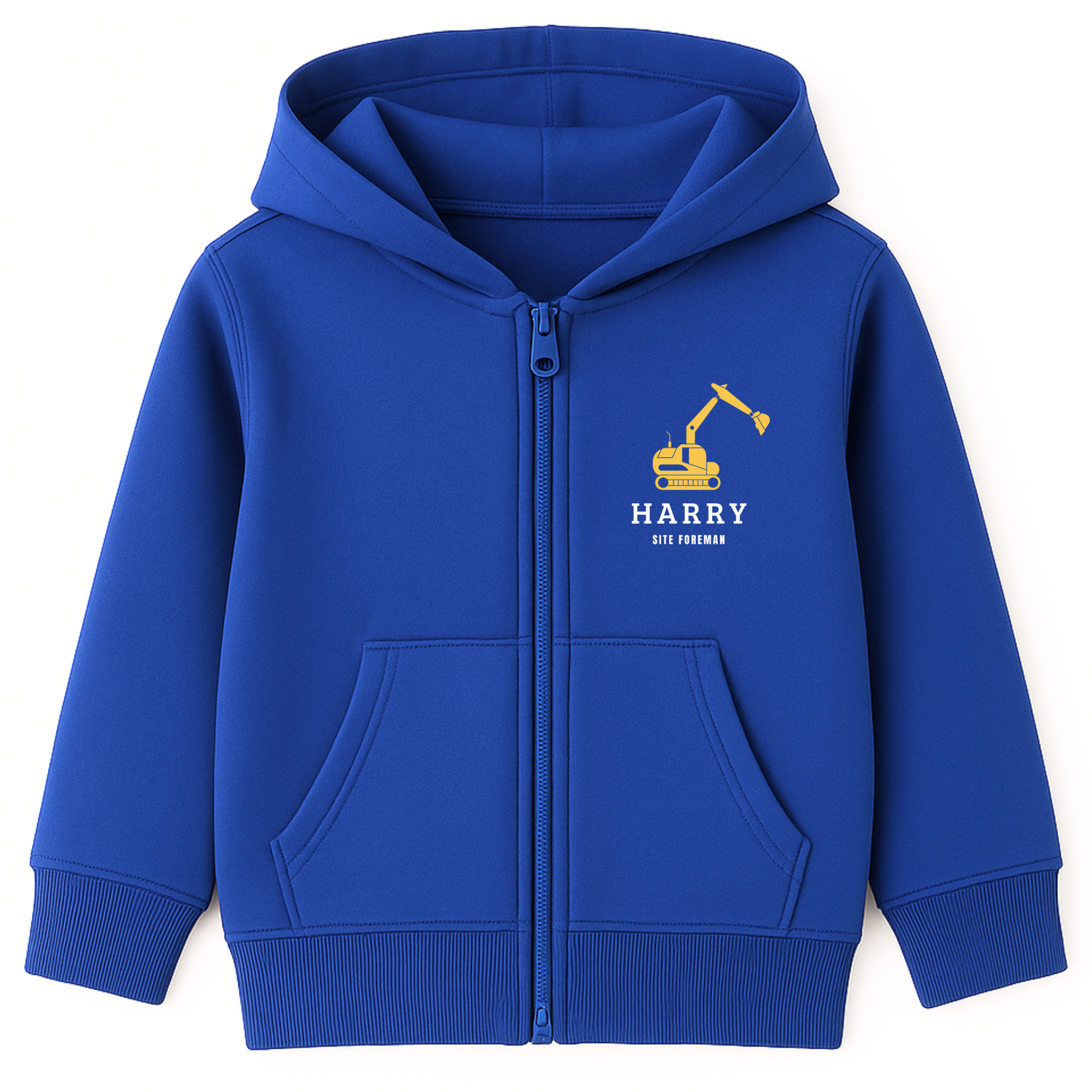 Royal blue kids personalised site foreman zip hoodie with yellow digger graphic and custom name Harry on the chest.