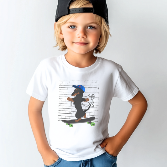Young boy models a white short sleeve t-shirt with a skateboarding dachshund graphic - street style.