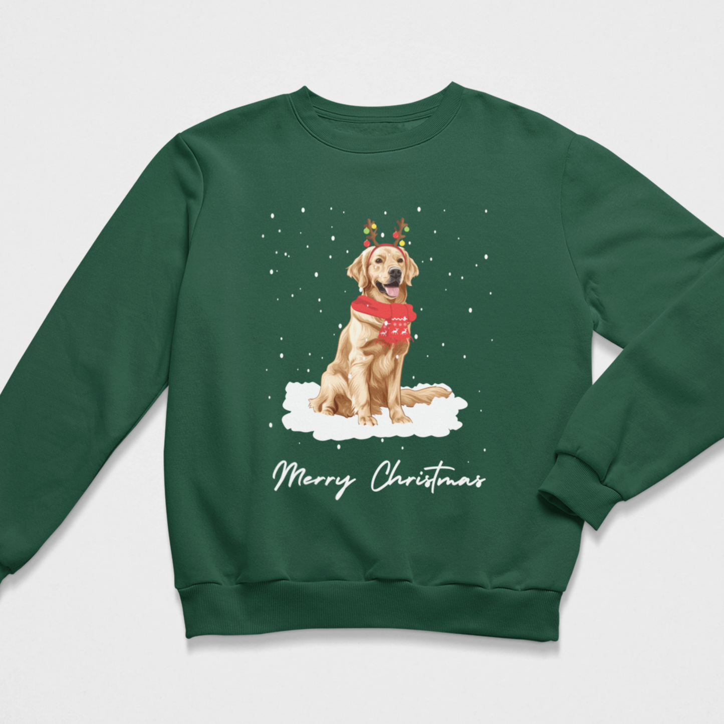 Dark green kids Golden Retriever Christmas jumper featuring a festive dog in a red scarf and reindeer antlers with snowy details.