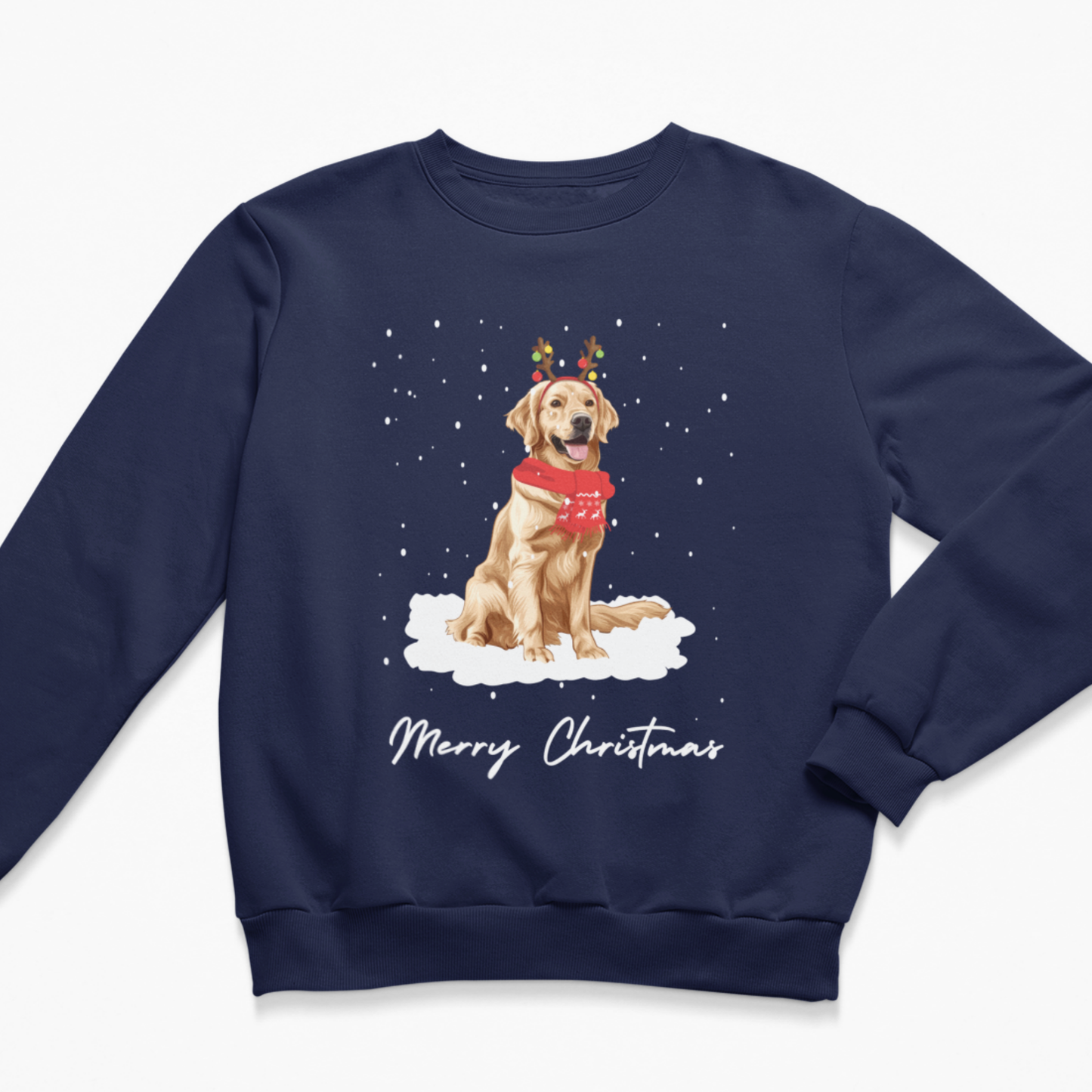 Navy kids Golden Retriever Christmas jumper with reindeer antlers, red festive scarf, falling snow and Merry Christmas wording.