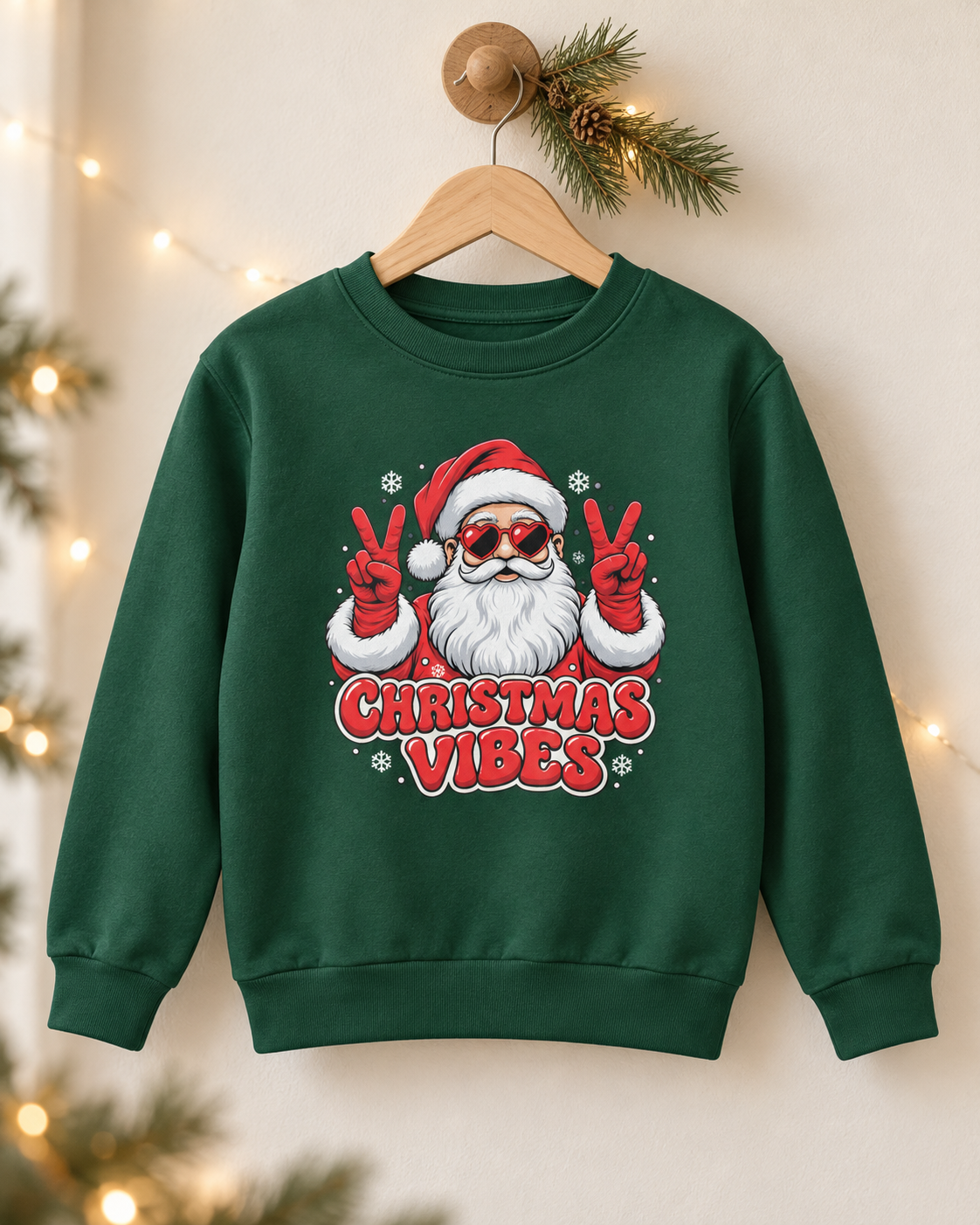 A dark green kids' Christmas crewneck sweatshirt hanging on a wooden hanger against a neutral wall with a pine sprig and string lights, featuring an illustration of Santa Claus in heart-shaped sunglasses and red mittens flashing peace signs, surrounded by snowflakes and the red text "CHRISTMAS VIBES