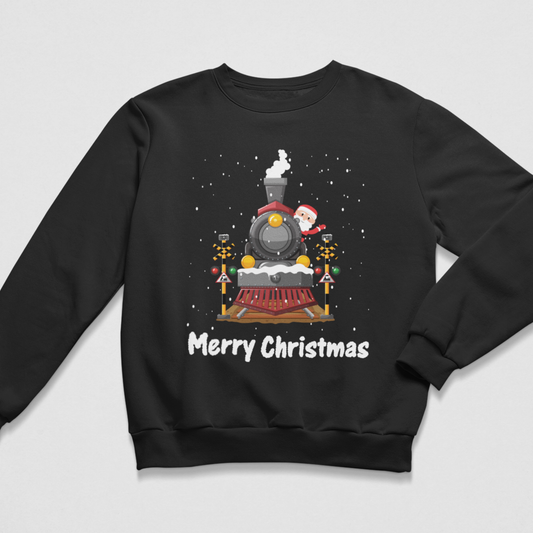 Black kids Christmas jumper with Santa steam train illustration, snowy festive details and Merry Christmas wording.
