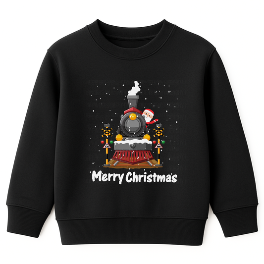 Kids black Christmas sweatshirt featuring a graphic of a festive black steam train decorated with snow and Santa Claus waving from the train. 'Merry Christmas' text is printed below the train, with white falling snow.
