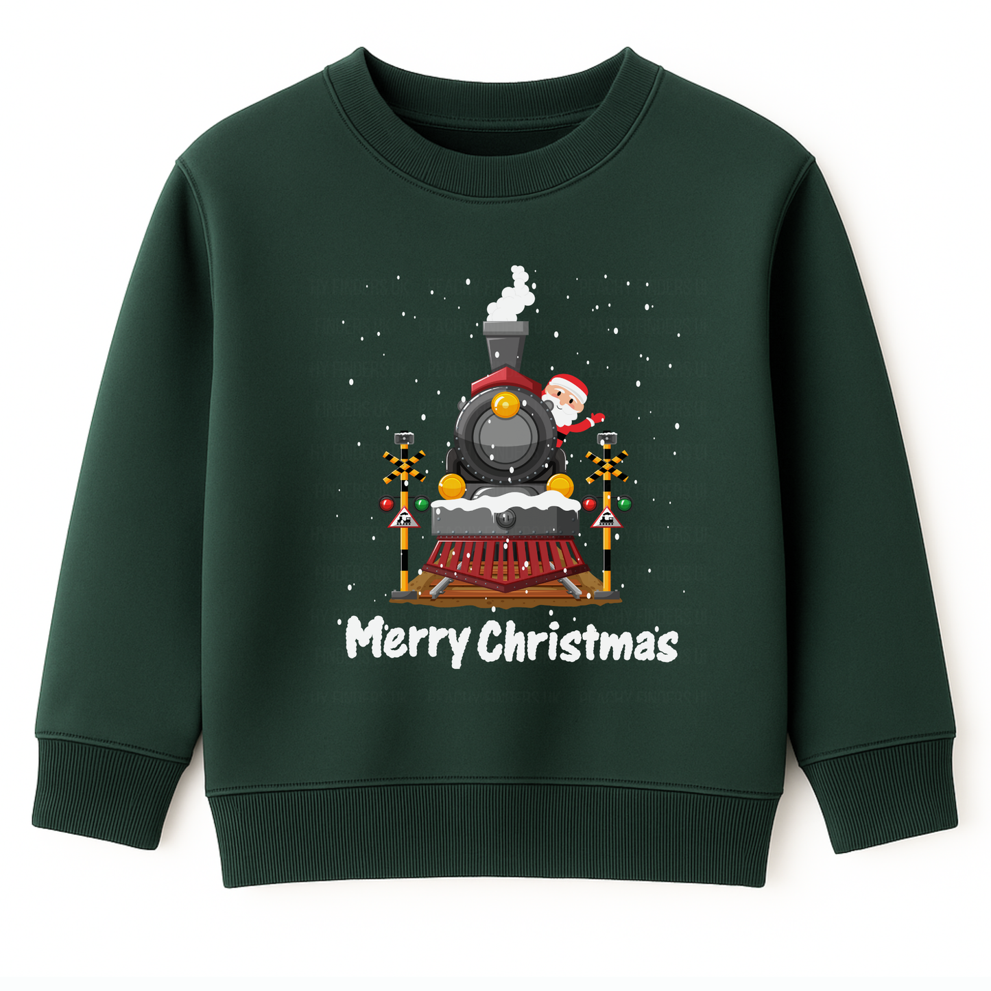 Kids dark green Christmas sweatshirt featuring a graphic of a festive black steam train decorated with snow and Santa Claus waving from the train. 'Merry Christmas' text is printed below the train, with white falling snow.
