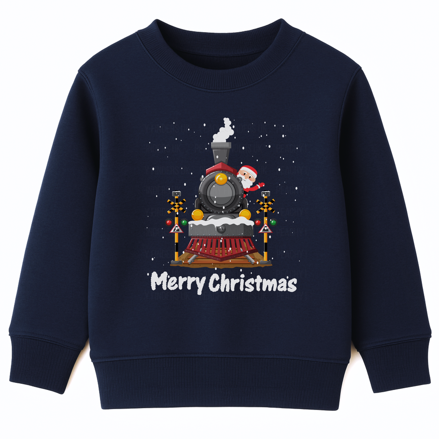 Kids navy Christmas sweatshirt featuring a graphic of a festive black steam train decorated with snow and Santa Claus waving from the train. 'Merry Christmas' text is printed below the train, with white falling snow.