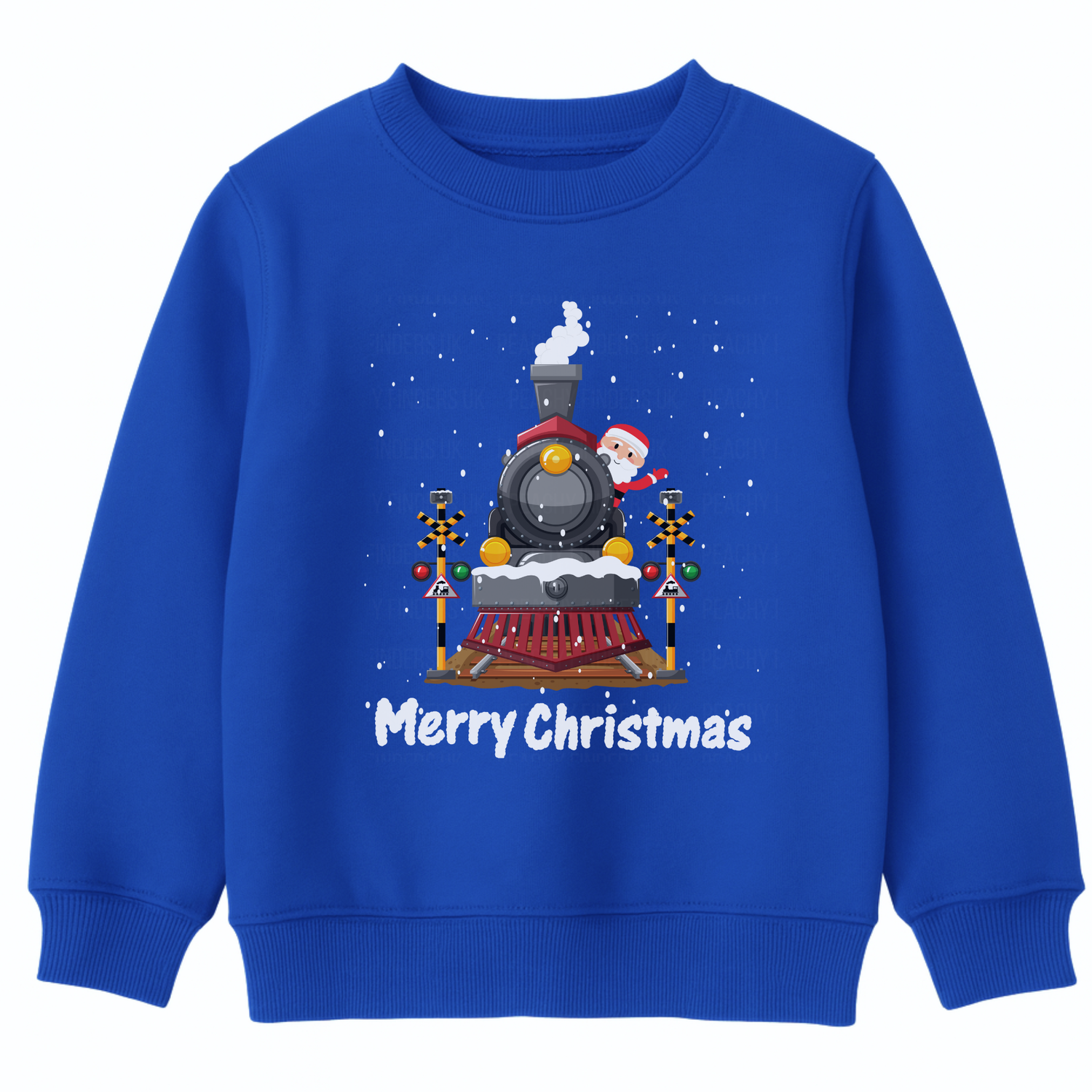 Kids royal blue Christmas sweatshirt featuring a graphic of a festive black steam train decorated with snow and Santa Claus waving from the train. 'Merry Christmas' text is printed below the train, with white falling snow.