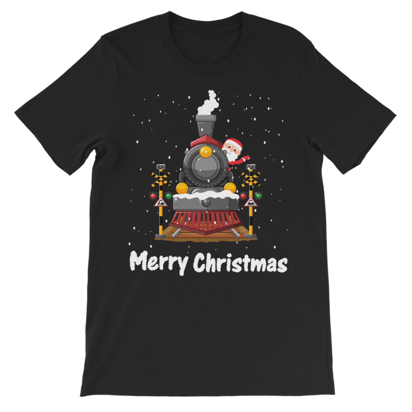 A black short-sleeve crewneck t-shirt featuring a festive Christmas graphic of a steam train with Santa Claus, snow, and the text 'Merry Christmas' printed below.