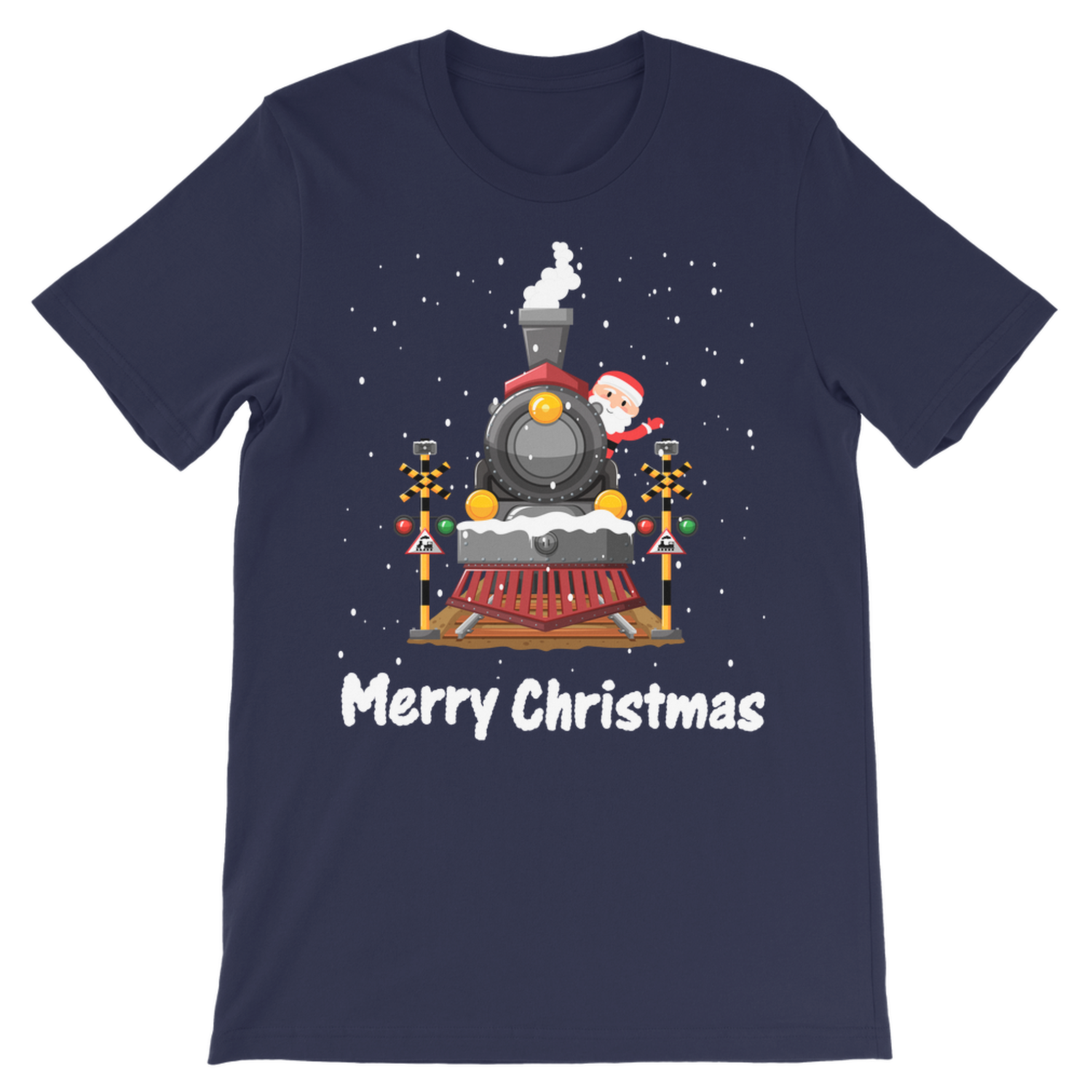 A kids navy blue short-sleeve crewneck t-shirt featuring a festive Christmas graphic of a cartoon steam train with Santa Claus and the text 'Merry Christmas' printed below.