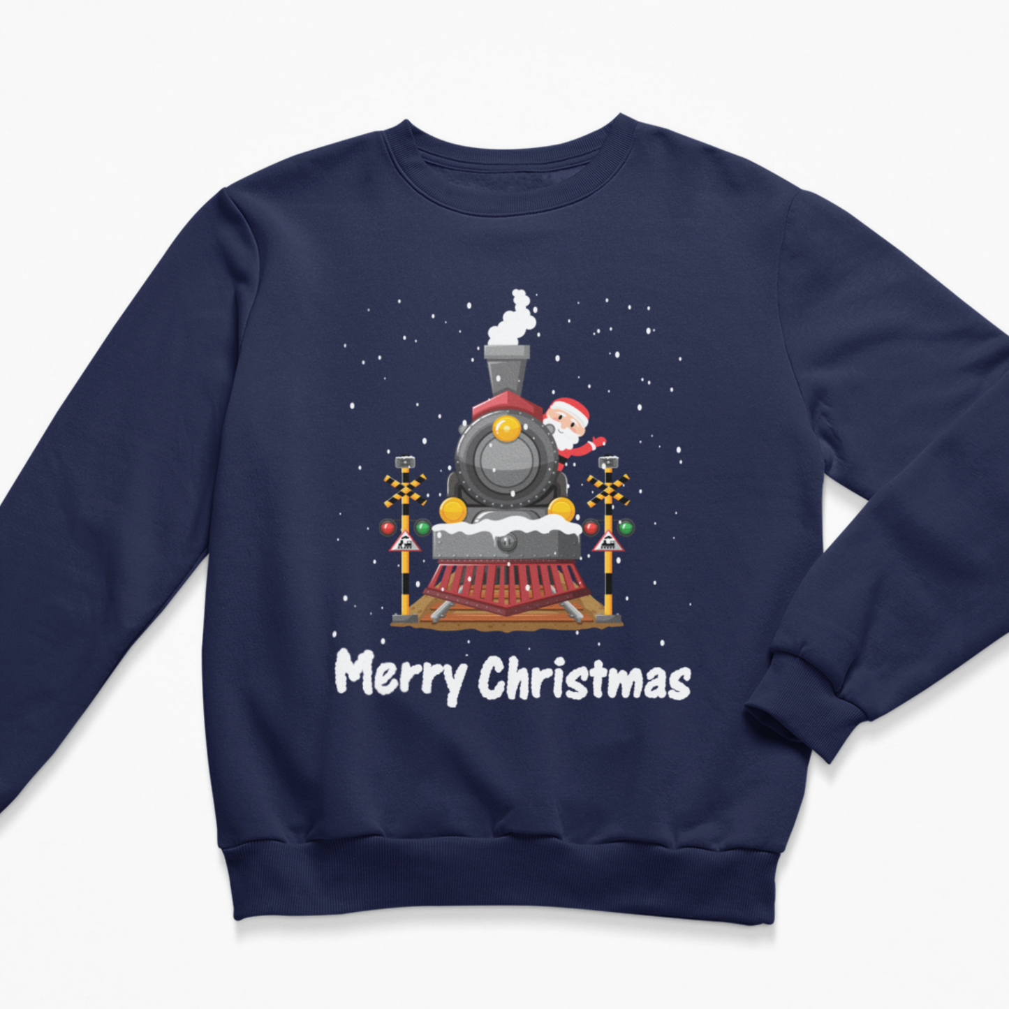 Navy kids Christmas jumper with Santa steam train design, falling snow and Merry Christmas wording.